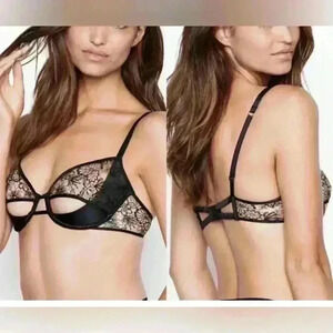 Victoria’s Secret Floral Embroidered Peek-a-Boo Bra Black Lace Demi sz 36B